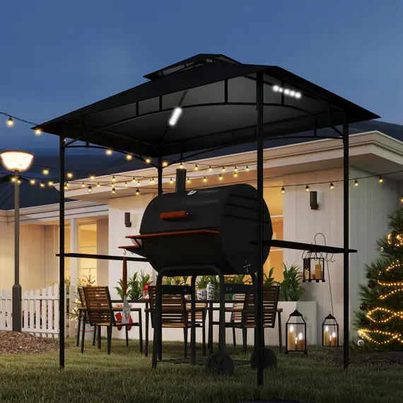 Buy Outsunny 8' x 5' Grill Gazebo, Double Tiered BBQ Gazebo Shelter Canopy with LED Lights, 2 Side Shelves, Hooks, Dark Grey, 8 image