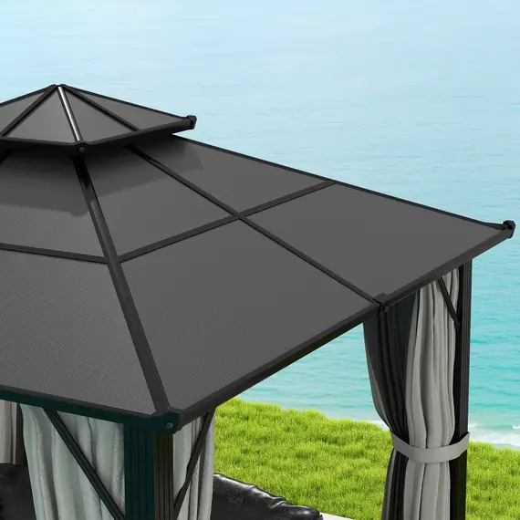 Buy Outsunny 3 x 3(m) Hardtop Gazebo Canopy with UPF30+ Double Polycarbonate Roof, Aluminium Frame Garden Gazebo Permanent Pavilion with Mosquito Netting and Curtains for Patio, Deck, Grey, 9 image