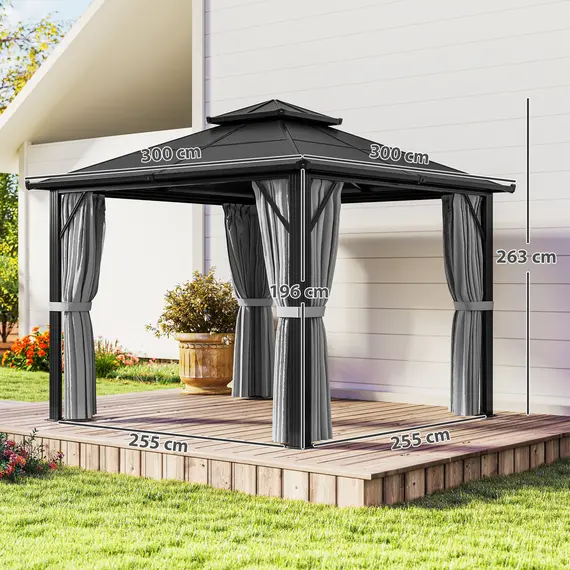Buy Outsunny 3 x 3(m) Hardtop Gazebo Canopy with UPF30+ Double Polycarbonate Roof, Aluminium Frame Garden Gazebo Permanent Pavilion with Mosquito Netting and Curtains for Patio, Deck, Grey, 3 image