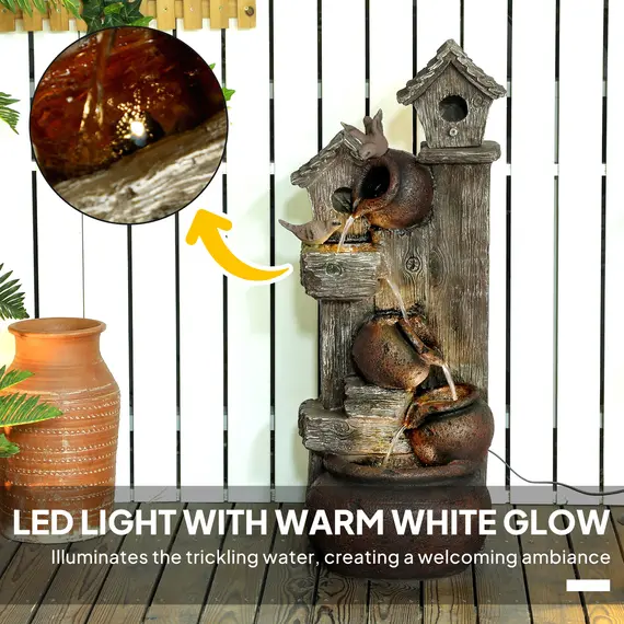Buy 2-in-1 Waterfall Fountain with Birdhouse, Resin Garden Water Fountain with LED Lights Pump, Cascading Garden Water Feature with Tree Trunk Design, Multi-colour, 5 image