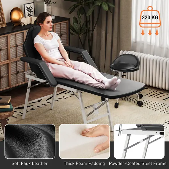 Buy Portable Massage Table, 3 Section Adjustable Beauty Bed with Face Hole for Spa, Lash, Tattoo, Black, 6 image