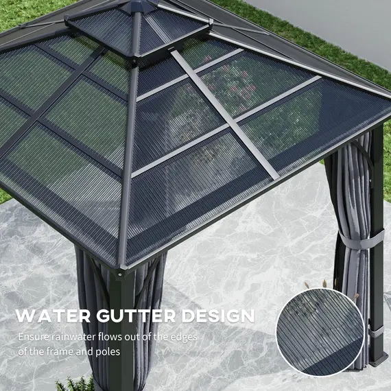 Buy Outsunny 3 x 3(m) Hardtop Gazebo Canopy with 7mm Polycarbonate Double-Tier Roof, Garden Gazebo Permanent Pavilion with Mosquito Netting and Curtains for Patio, Terrace, Dark Grey, 6 image