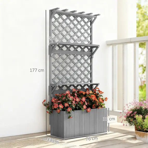 Buy 52L Wooden Planter, with Trellis and Shelves - Grey, 3 image
