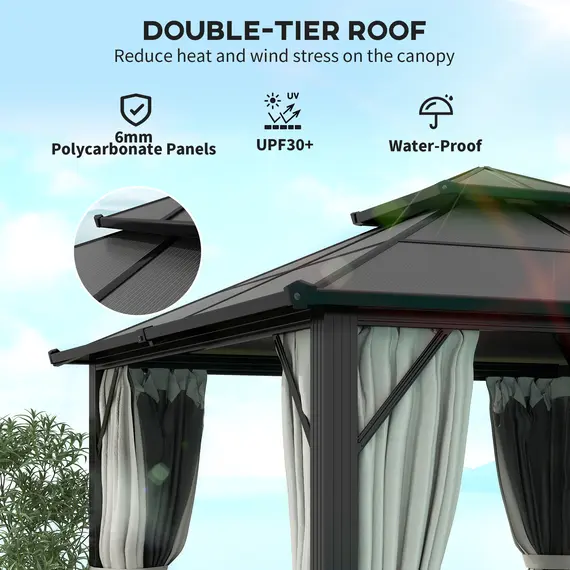 Buy Outsunny 3 x 3(m) Hardtop Gazebo Canopy with UPF30+ Double Polycarbonate Roof, Aluminium Frame Garden Gazebo Permanent Pavilion with Mosquito Netting and Curtains for Patio, Deck, Grey, 4 image