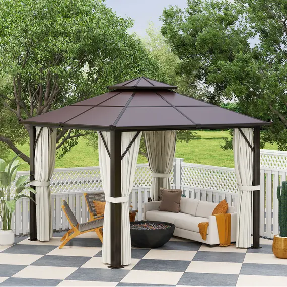 Buy Outsunny 3 x 3(m) Hardtop Gazebo Canopy with UPF30+ Double Polycarbonate Roof, Aluminium Frame Garden Gazebo Permanent Pavilion with Mosquito Netting and Curtains for Patio, Deck, Beige, 8 image