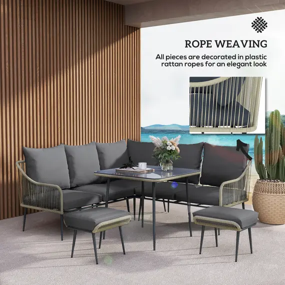 Buy Outsunny Six-Piece Rattan Strong Garden Sofa Set with Removable and Washable Covers - Grey, 7 image