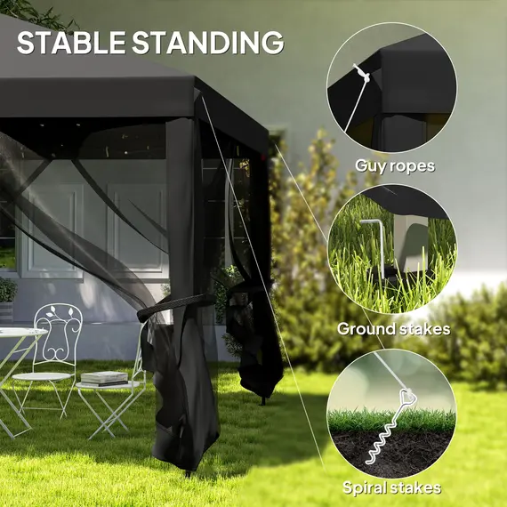 Buy Outsunny 3 x 3 m Pop Up Gazebo, 420D Garden Tent Canopy with Removable Mesh Sidewall Netting, Carry Bag for Garden Patio Outdoor, Black, 6 image