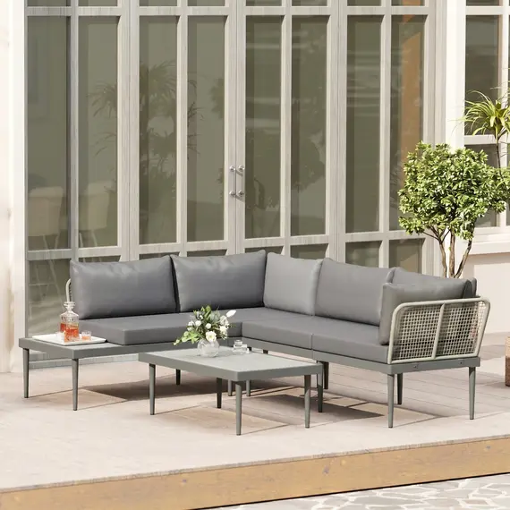 Buy Outsunny Thee-Piece 'L' Rattan Sofa Set - Grey, 9 image