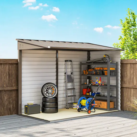 Buy Outsunny 5 x 9ft Galvanised Metal Garden Shed with Foundation Kit, Outdoor Lean-to Shed, Tool Storage House with Lockable Doors, Gloves and 2 Air Vents for Patio, Garden, Brown, 9 image