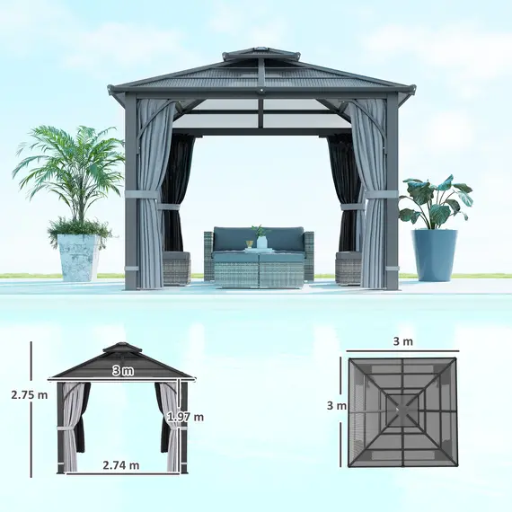 Buy Outsunny 3 x 3(m) Hardtop Gazebo Canopy with 7mm Polycarbonate Double-Tier Roof, Garden Gazebo Permanent Pavilion with Mosquito Netting and Curtains for Patio, Terrace, Dark Grey, 3 image
