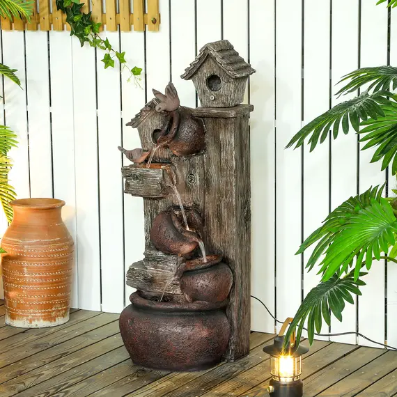 Buy 2-in-1 Waterfall Fountain with Birdhouse, Resin Garden Water Fountain with LED Lights Pump, Cascading Garden Water Feature with Tree Trunk Design, Multi-colour, 2 image