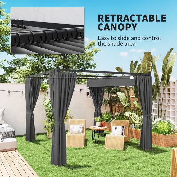 Buy Outsunny 3 x 3(m) Retractable Pergola, Garden Gazebo Shelter with Curtains, for Grill, Patio, Deck, Charcoal Grey, 4 image
