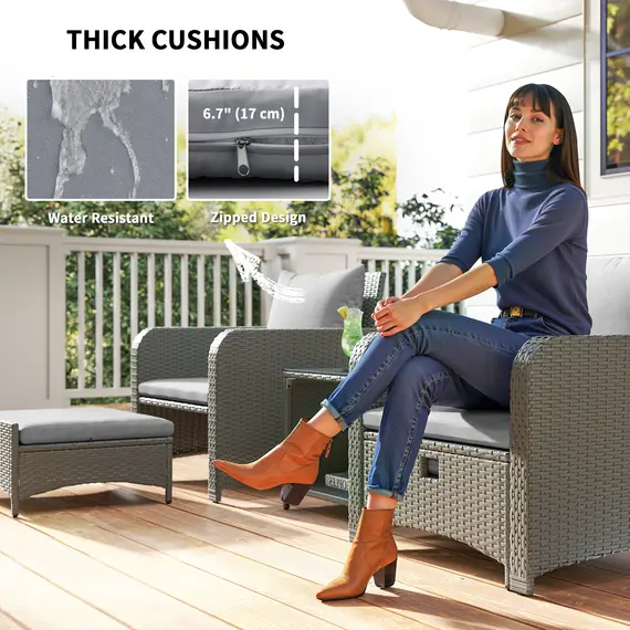 Buy Five Piece Rattan Garden Furniture Set with 2-Tier Coffee Table and Ottomans - Grey, 7 image