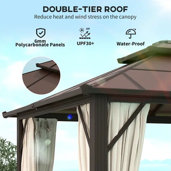 Buy Outsunny 3 x 4m Hardtop Gazebo Canopy with UPF30+ Double Polycarbonate Roof, Aluminium Frame Garden Gazebo Permanent Pavilion with Mosquito Netting and Curtains for Patio, Deck, Beige, 5 image