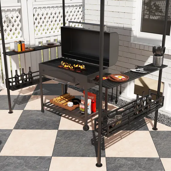 Buy Outsunny 150 x 240cm BBQ Grill Gazebo, with Shelves - Grey, 7 image