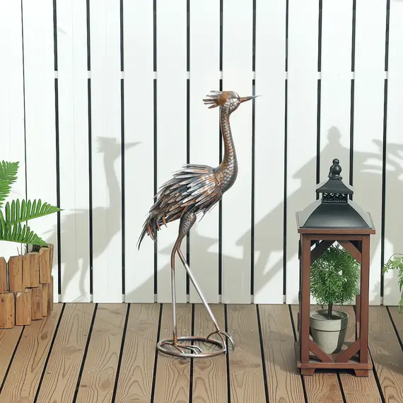 Buy Heron Garden Statue, Standing Garden Ornament, Metal Garden Gift with Stakes for Patio Pond Landscape Decoration, Silver Tone, 2 image