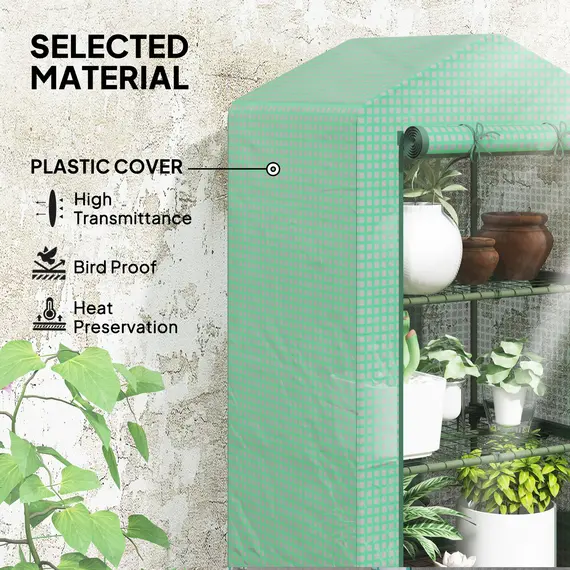 Buy Outsunny 3 Tier Mini Greenhouse Portable Garden Grow House with Roll Up Door and Wire Shelves, 69 x 49 x 125 cm, Green, 4 image