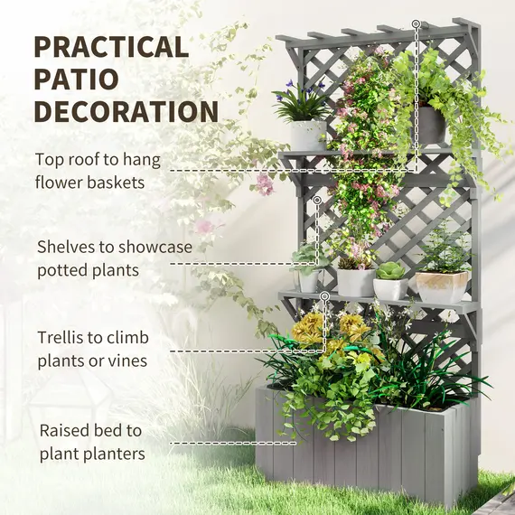 Buy 52L Wooden Planter, with Trellis and Shelves - Grey, 4 image