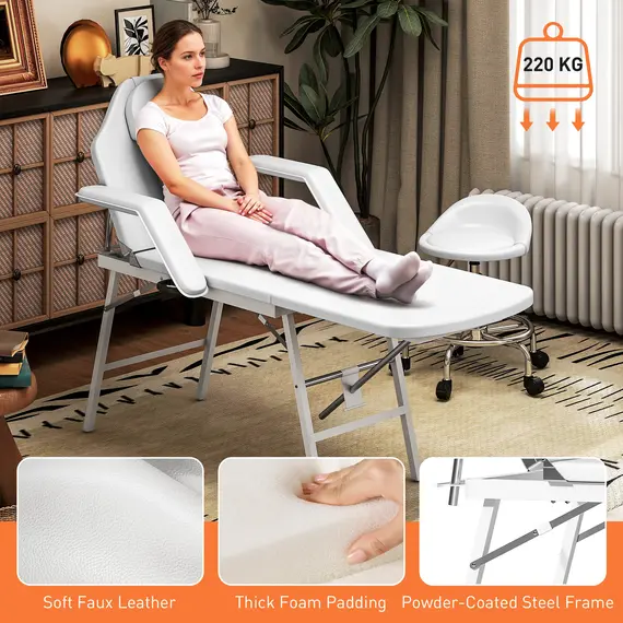Buy Portable Massage Table, 3 Section Adjustable Beauty Bed, Foldable Massage Bed with Face Hole, Recliner Chair with Removable Headrest and Armrests for Spa, Lash, Tattoo, White, 6 image