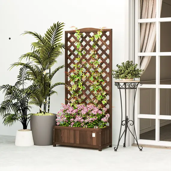 Buy Wooden Planter with Trellis, Freestanding Raised Bed for Garden with Lattice, Outdoor Planter Box for Climbing Plants, Vines, Flowers, 76 x 36 x 170 cm, Dark Brown, 8 image