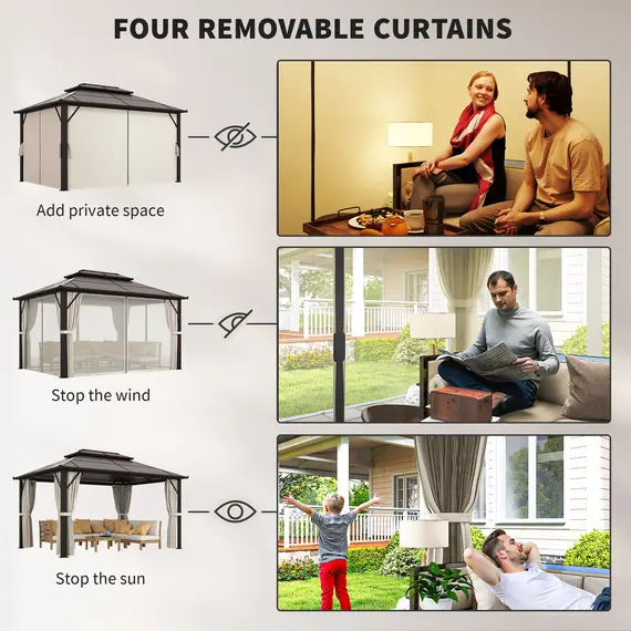 Buy Outsunny 3 x 4m Hardtop Gazebo Canopy with UPF30+ Double Polycarbonate Roof, Aluminium Frame Garden Gazebo Permanent Pavilion with Mosquito Netting and Curtains for Patio, Deck, Beige, 7 image