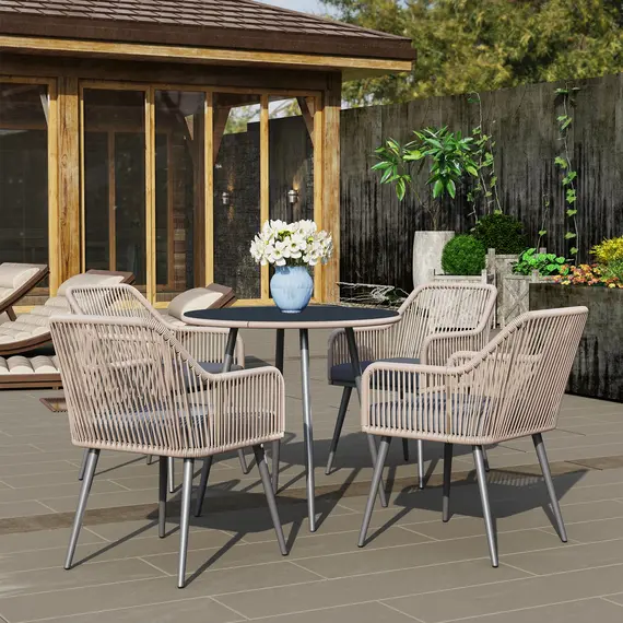 Buy Outsunny 4 Seater Rattan Dining Set, Rattan Garden Furniture Set with Parasol Hole, Outdoor Dining Table and Chairs Set with Cushions, Round Glass Top Table for Patio, Balcony, Light Brown, 9 image