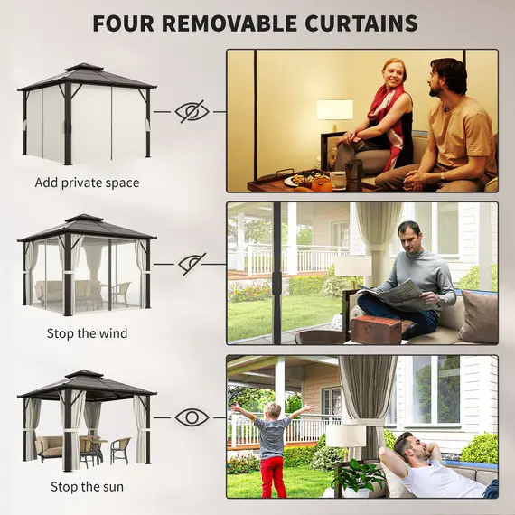Buy Outsunny 3 x 3(m) Hardtop Gazebo Canopy with UPF30+ Double Polycarbonate Roof, Aluminium Frame Garden Gazebo Permanent Pavilion with Mosquito Netting and Curtains for Patio, Deck, Beige, 6 image