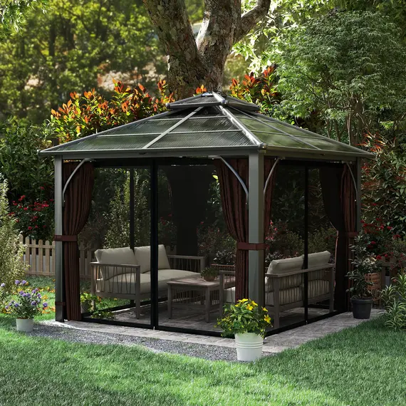 Buy Outsunny 3 x 3(m) Hardtop Gazebo Canopy with 7mm Polycarbonate Double-Tier Roof, Garden Gazebo Permanent Pavilion with Mosquito Netting and Curtains for Patio, Terrace, Brown, 9 image