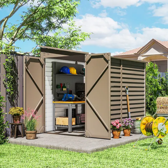 Buy Outsunny 5 x 9ft Galvanised Metal Garden Shed with Foundation Kit, Outdoor Lean-to Shed, Tool Storage House with Lockable Doors, Gloves and 2 Air Vents for Patio, Garden, Brown, 2 image