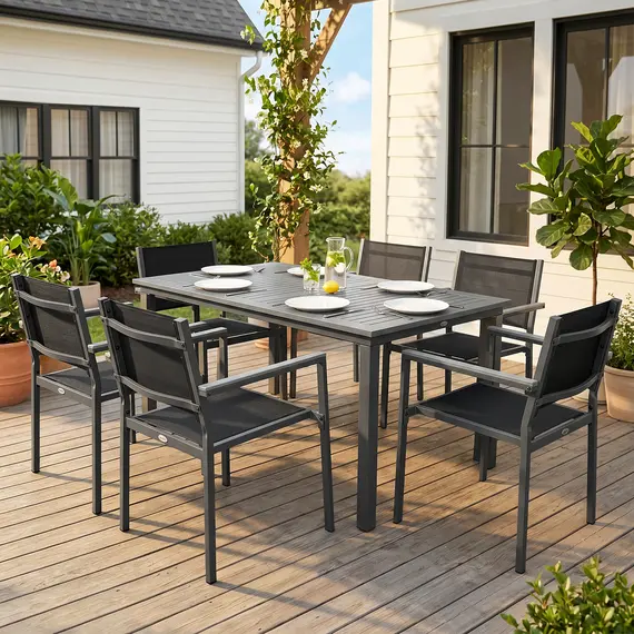 Buy Garden Dining Set with Acacia Wood Table Top, Outdoor Table and Stackable Chairs Set for 6 with Texteline Seat, Grey, 9 image