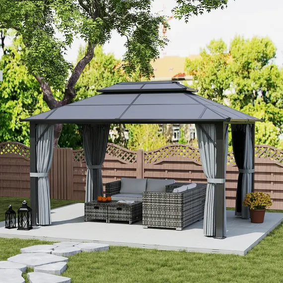 Buy Outsunny 3 x 4m Hardtop Gazebo Canopy with UPF30+ Double Polycarbonate Roof, Aluminium Frame Garden Gazebo Permanent Pavilion with Mosquito Netting and Curtains for Patio, Deck, Grey, 8 image