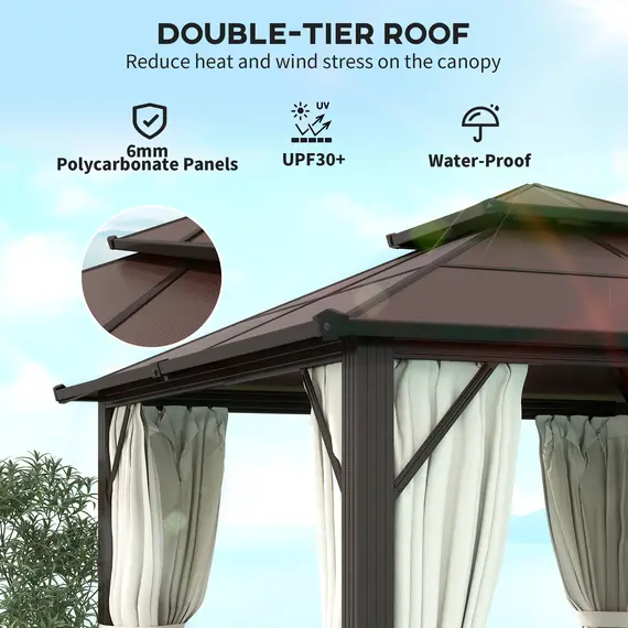 Buy Outsunny 3 x 3(m) Hardtop Gazebo Canopy with UPF30+ Double Polycarbonate Roof, Aluminium Frame Garden Gazebo Permanent Pavilion with Mosquito Netting and Curtains for Patio, Deck, Beige, 4 image