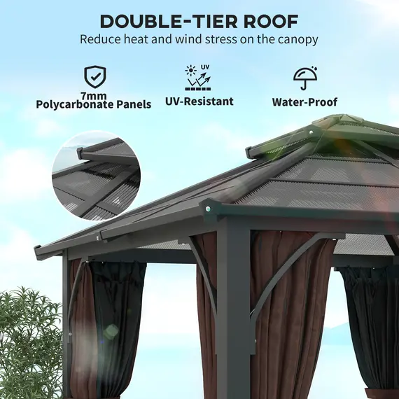 Buy Outsunny 3 x 3(m) Hardtop Gazebo Canopy with 7mm Polycarbonate Double-Tier Roof, Garden Gazebo Permanent Pavilion with Mosquito Netting and Curtains for Patio, Terrace, Brown, 4 image