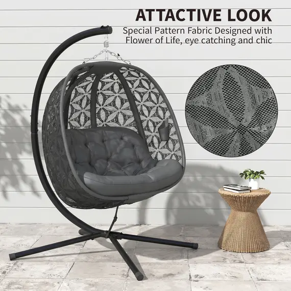 Buy Outdoor Double Hanging Chair with Cushion and Cup Holders, Charcoal Grey, 4 image