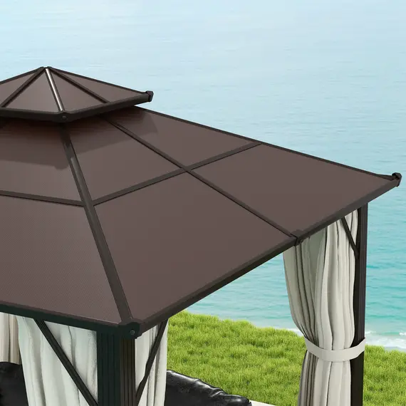 Buy Outsunny 3 x 3(m) Hardtop Gazebo Canopy with UPF30+ Double Polycarbonate Roof, Aluminium Frame Garden Gazebo Permanent Pavilion with Mosquito Netting and Curtains for Patio, Deck, Beige, 9 image