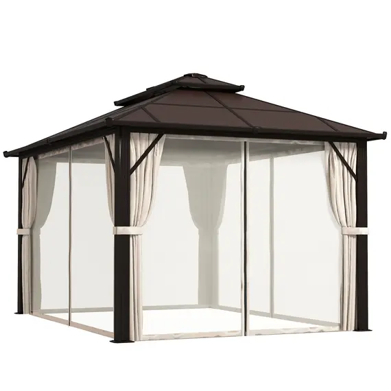 Buy Outsunny 3 x 4m Hardtop Gazebo Canopy with UPF30+ Double Polycarbonate Roof, Aluminium Frame Garden Gazebo Permanent Pavilion with Mosquito Netting and Curtains for Patio, Deck, Beige