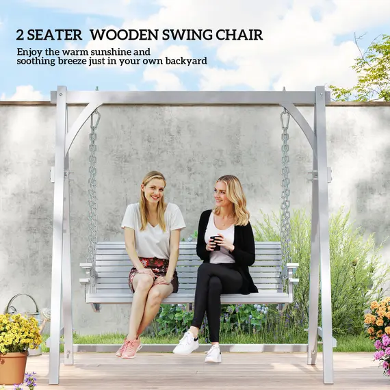 Buy 2 Seater Garden Swing Seat, Wooden Swing Chair Bench with Cup Holders for Outdoor Porch Patio, Grey, 4 image