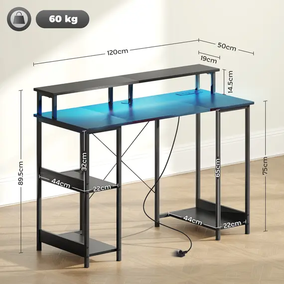 Buy LED Computer Desk, with Power Outlets and Shelves - Black, 3 image