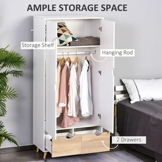 Buy Bedroom Furniture Set, Wardrobe with Hanging Rail, Bedside Table, Floor Cabinet with Storage, Nature Wood Finish and White, 4 image