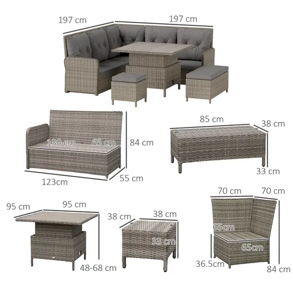 Buy 6 Pieces Outdoor PE Rattan Garden Furniture, Patio Wicker Sectional Conversation Corner Sofa with Soft Padded Cushion and Liftable Coffee Table, 123 x 55 x 84 cm, Light Grey, 3 image