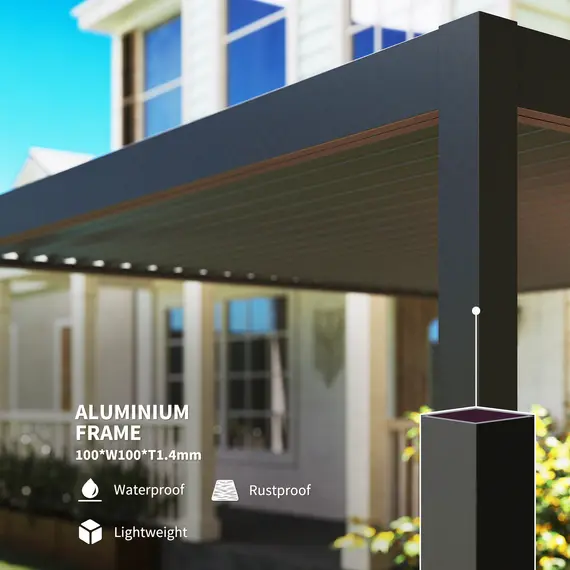 Buy Outsunny 3 x 3(m) Electric Louvered Pergola with LED Lights, Aluminium Pergola Hardtop Gazebo with Remote, Adjustable Roof and Drainage System, Water and UV Proof, 8 image