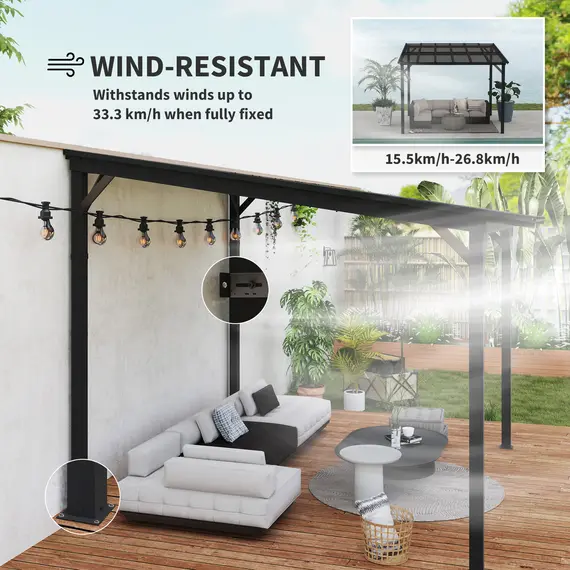 Buy Outsunny 3 x 3 m Lean to Pergola with UPF 50+ Waterproof Polycarbonate Roof, Wall-Mounted or Free Standing Hardtop Roof Garden Metal Pergola Gazebo, Heavy Duty Outdoor Sun Shade, Dark Grey, 6 image