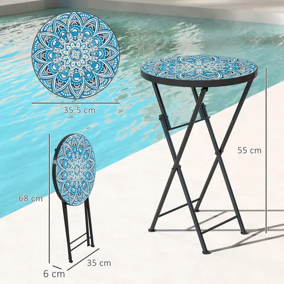 Buy Mosaic Outdoor Garden Table, 35.5cm Round Folding Coffee Table with Metal Frame for Balcony Terrace, Blue, 3 image