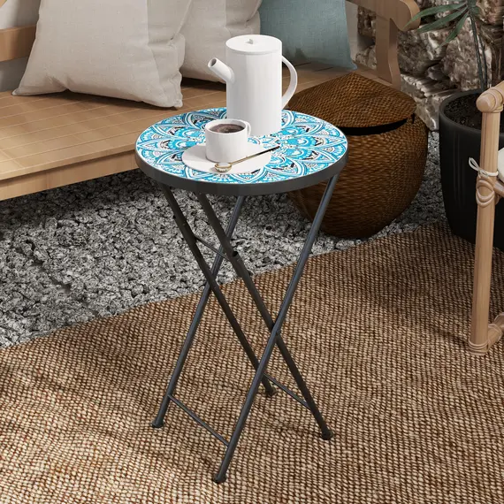 Buy Mosaic Outdoor Garden Table, 35.5cm Round Folding Coffee Table with Metal Frame for Balcony Terrace, Blue, 8 image