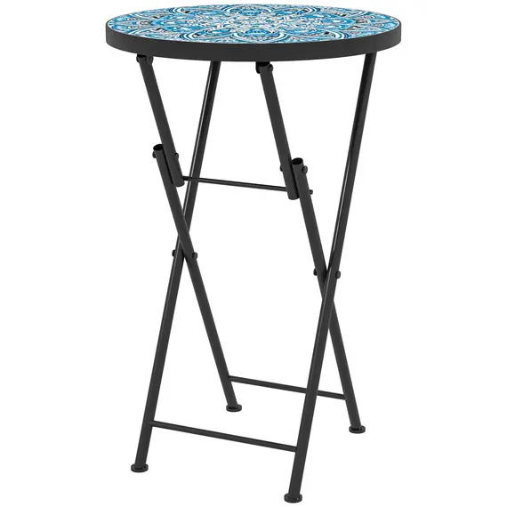 Buy Mosaic Outdoor Garden Table, 35.5cm Round Folding Coffee Table with Metal Frame for Balcony Terrace, Blue