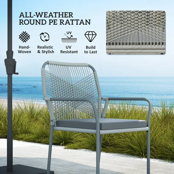 Buy Five-Piece PE Rattan Garden Dining Set with Cushions & Stackable Chairs - Light Grey, 5 image