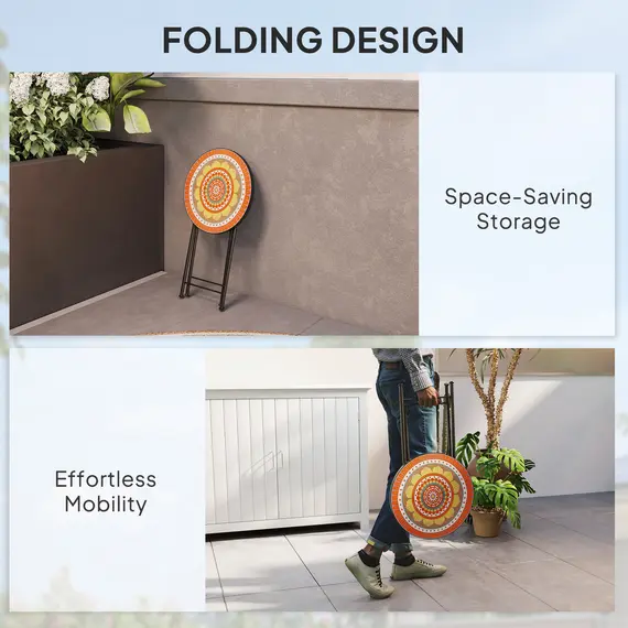 Buy Mosaic Outdoor Garden Table, 35.5cm Round Folding Coffee Table with Metal Frame for Balcony Terrace, Orange, 5 image