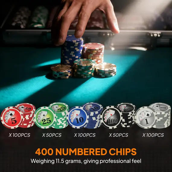 Buy 400-Piece Poker Chips Set with Lightweight ABS Case, Casino Texas Holdem Poker Set with Mat, 11.5g Numbered Poker Chips, Two Decks of Cards, Dealer, Five Dices, Grey, 5 image
