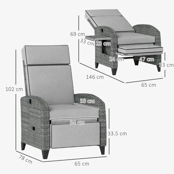 Buy Outdoor Recliner Chair with Adjustable Backrest and Footrest, Cushion, Side Tray, Light Grey/Grey, 3 image
