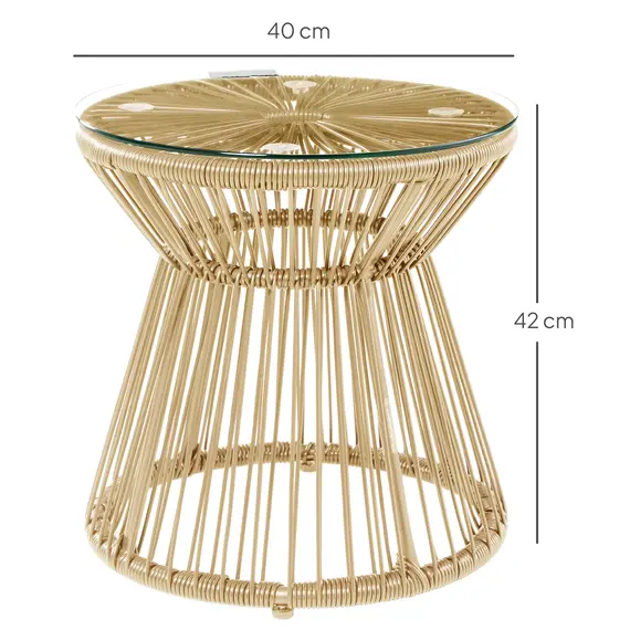 Buy Outsunny Round End Table, Rattan Side Table, Hollow Drum Design Coffee Table w/ Glass Tabletop for Patio, Garden, Balcony Natural, 3 image